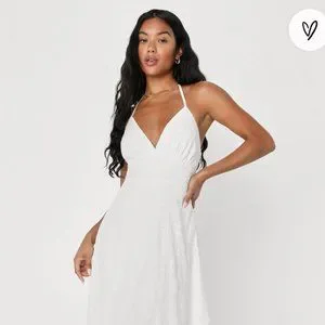 sachin and babi light blue dress Farm Rio Embroidered White Linen Tie-Back Halter Midi Dress main image 1